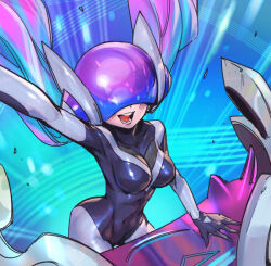 Rule 34 | 1girl, :d, arm up, black bodysuit, blush, bodysuit, breasts, dj sona, green hair, grey bodysuit, large breasts, league of legends, long hair, multicolored background, multicolored bodysuit, multicolored clothes, official alternate costume, open mouth, phantom ix row, pink hair, shiny clothes, smile, solo, sona (league of legends), teeth, tongue, twintails
