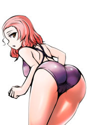Rule 34 | 10s, 1girl, aegis (nerocc), ass, backless swimsuit, black bra, black panties, blue one-piece swimsuit, blush, bra, brown eyes, cowboy shot, girls und panzer, one-hour drawing challenge, one-piece swimsuit, panties, parted bangs, red hair, rosehip (girls und panzer), simple background, solo, standing, swimsuit, thighs, underwear, white background