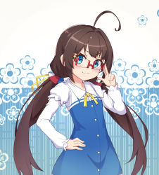 Rule 34 | 10s, 1girl, ahoge, bespectacled, blue eyes, brown hair, closed mouth, dress, floral background, glasses, hand on own hip, head tilt, highres, hinatsuru ai, long hair, long sleeves, looking at viewer, low twintails, muji (majunduo), puffy short sleeves, puffy sleeves, red-framed eyewear, ryuuou no oshigoto!, school uniform, short sleeves, smile, solo, sparkle, twintails, v-shaped eyebrows, very long hair