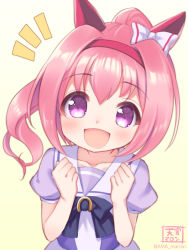 Rule 34 | 1girl, :d, amamiya marron, animal ears, black bow, blush, bow, brown background, collarbone, commentary request, ear bow, gradient background, hair between eyes, hands up, haru urara (umamusume), horse ears, looking at viewer, notice lines, open mouth, pink hair, ponytail, puffy short sleeves, puffy sleeves, purple eyes, purple shirt, school uniform, shirt, short sleeves, smile, solo, umamusume, upper body, white background, white bow