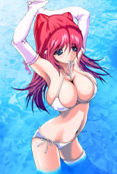 Rule 34 | 00s, arms up, bad id, bad pixiv id, bikini, blue eyes, breasts, elbow gloves, gloves, kousaka tamaki, large breasts, long hair, mouth hold, red hair, ron (metropolis), solo, swimsuit, thighhighs, to heart (series), to heart 2, twintails, wading, water, white bikini