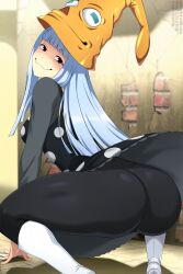 Rule 34 | 1girl, ass, black eyes, blue hair, eruka frog, hat, highres, lindaroze, looking back, orange hat, skirt, smile, solo, soul eater, tagme, witch, witch hat