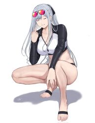 Rule 34 | 1girl, ak-12 (age of slushies) (girls&#039; frontline), ak-12 (girls&#039; frontline), braid, breasts, closed eyes, collarbone, corrupted twitter file, eyewear on head, french braid, full body, girls&#039; frontline, grey hair, hair ribbon, highres, long hair, long sleeves, medium breasts, middle finger, official alternate costume, open mouth, parted lips, ponytail, ribbon, seilindekos, shadow, sidelocks, solo, sunglasses, swimsuit, thighs, toes, white background