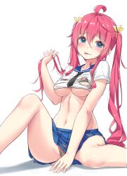 Rule 34 | 1girl, ahoge, between legs, bikini, bikini under clothes, black bikini, blue eyes, blue skirt, breasts, crop top, hair ribbon, hand up, highres, knee up, legs, long hair, looking at viewer, medium breasts, microskirt, midriff, naughty face, navel, original, pink hair, pleated skirt, ribbon, sailor collar, school uniform, serafuku, shirt, short sleeves, simple background, skirt, smile, solo, stomach, swimsuit, thighs, tongue, tongue out, torn clothes, torn shirt, twintails, underboob, wet.elephant, white background, white shirt