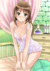 Rule 34 | 1girl, atelier (series), atelier totori, black eyes, brown hair, camisole, chemise, collarbone, female focus, flask, highres, lingerie, long hair, looking at viewer, on bed, smile, solo, test tube, thigh gap, totooria helmold, umihal, underwear