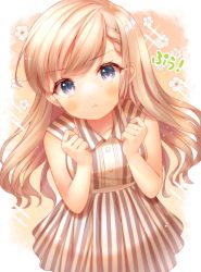 Rule 34 | 1girl, :t, bare arms, bare shoulders, blue eyes, blush, braid, braided bangs, brown hair, closed mouth, commentary request, dress, earrings, floral background, hands up, highres, hisakawa hayate, idolmaster, idolmaster cinderella girls, jewelry, looking at viewer, pleated dress, pout, sleeveless, sleeveless dress, solo, sparkle background, striped clothes, striped dress, vertical-striped clothes, vertical-striped dress, yata (yatao zzz)
