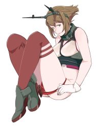 Rule 34 | 1girl, breasts, brown hair, gloves, green eyes, headgear, kantai collection, large breasts, looking at viewer, mutsu (kancolle), ojipon, panties, panty pull, parted lips, red panties, red thighhighs, rudder footwear, short hair, simple background, solo, striped clothes, striped thighhighs, thighhighs, underwear, white background, white gloves