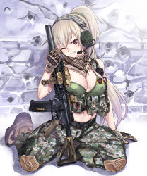 Rule 34 | 1girl, arm support, assault rifle, badge, breasts, brown gloves, brown hair, camouflage, camouflage pants, cleavage, cross, front-tie top, full body, gloves, gun, h&amp;k hk416, hair ornament, headset, heckler &amp; koch, highres, keffiyeh, knee pads, large breasts, long hair, matsuryuu, midriff, military operator, one eye closed, original, pants, parted lips, ponytail, pouch, purple eyes, rifle, scarf, sitting, skull, smile, solo, suppressor, vertical forward grip, weapon, window magazine, yokozuwari