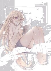 Rule 34 | 1girl, absurdres, ahoge, alternate hair length, alternate hairstyle, andou tazusa, assault lily, bare legs, barefoot, blonde hair, breasts, closed mouth, commentary request, drop shadow, full body, grey background, grey shorts, hair between eyes, hands up, highres, jewelry, knees up, kuro ula, light blush, light particles, long bangs, long hair, looking at viewer, medium breasts, mini wings, nipples, own hands together, red eyes, ring, shorts, sitting, solo, topless, two-tone background, very long hair, white background, white wings, wings