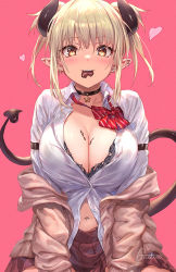 Rule 34 | 1girl, artist name, black bra, black choker, blonde hair, blouse, blush, bow, bowtie, bra, bra peek, breasts, brown cardigan, brown eyes, brown skirt, cardigan, chocolate, chocolate on body, chocolate on breasts, choker, cleavage, demon girl, demon horns, demon tail, dress shirt, earrings, food on body, guchico, heart, horns, jewelry, large breasts, long sleeves, looking at viewer, mouth hold, navel, navel piercing, off shoulder, open cardigan, open clothes, open shirt, original, piercing, pink background, pointy ears, red bow, red bowtie, shirt, signature, simple background, skirt, solo, striped bow, striped bowtie, striped clothes, striped neckwear, tail, teeth, twintails, underwear, valentine, white shirt