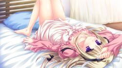 Rule 34 | 1girl, artist request, barefoot, bed, blonde hair, blush, braid, hair ribbon, indoors, light smile, long hair, looking at viewer, lying, on back, pillow, purple eyes, ribbon, solo, strawberry nauts, suzunae houmi, suzunae houmii