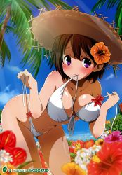Rule 34 | 1girl, absurdres, artist name, beach, bent over, bikini, bikini in mouth, blurry, blush, breasts, brown hair, cleavage, clothes in mouth, day, depth of field, flower, hair flower, hair ornament, hat, hibiscus, highres, large breasts, leaning forward, lens flare, light rays, mouth hold, original, page number, palm tree, purple eyes, ragho no erika, scan, short hair, smile, solo, strap pull, straw hat, sunbeam, sunlight, swimsuit, tree, untied bikini, white bikini