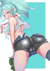 Rule 34 | 1girl, ass, bare arms, bare shoulders, bike shorts, black thighhighs, blue hair, breasts, cameltoe, closed mouth, crop top, hand up, highres, large breasts, light blue hair, long hair, looking back, no bra, pantylines, ryouko (tenchi muyou!), shirt, sidelocks, single thighhigh, smile, solo, split mouth, sugishin46, tank top, tenchi muyou!, thighhighs, thighs, tongue, tongue out, underboob, white shirt, yellow eyes