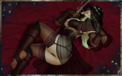 Rule 34 | 1girl, alternate costume, ass, bed sheet, black panties, bloodborne, boots, breasts, brooch, brown footwear, brown gloves, brown thighhighs, closed mouth, dated, eyeball, fingerless gloves, garter straps, gloves, hand up, hat, hat feather, highres, holding, holding sword, holding weapon, jewelry, lady maria of the astral clocktower, looking at viewer, lying, medium breasts, on side, panties, pussy, ring, see-through, signature, smile, solo, sword, themaestronoob, thighhighs, tricorne, underwear, veil, weapon