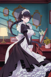 Rule 34 | 1girl, alternate costume, apron, black hair, black halo, blue archive, braid, breasts, bright pupils, byocho, desk lamp, dress, enmaided, frilled apron, frills, halo, highres, juliet sleeves, lamp, large breasts, long dress, long hair, long sleeves, maid, maid apron, maid headdress, own hands together, puffy sleeves, red eyes, rio (blue archive), single braid, sleeve cuffs, vase, victorian maid, white apron, white pupils