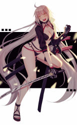 Rule 34 | 1girl, absurdres, ahoge, bikini, black background, black bikini, black choker, black gloves, black jacket, border, breasts, choker, cleavage, collarbone, commentary, cropped jacket, english commentary, fate/grand order, fate (series), floating hair, full body, gloves, groin, hair between eyes, hand on hilt, head tilt, high collar, highres, holding, holding sword, holding weapon, jacket, jeanne d&#039;arc alter (swimsuit berserker) (fate), jeanne d&#039;arc (fate), jeanne d&#039;arc alter (fate), jeanne d&#039;arc alter (swimsuit berserker) (fate), katana, large breasts, long hair, long sleeves, looking at viewer, nail polish, o-ring, o-ring bikini, o-ring bottom, o-ring top, open clothes, open jacket, open mouth, outdoors, outstretched arm, pale skin, red nails, red thighhighs, sandals, scabbard, sheath, shrug (clothing), sidelocks, single thighhigh, sleeves rolled up, slit pupils, smile, solo, standing, stomach, swimsuit, sword, thigh gap, thigh strap, thighhighs, toenail polish, toenails, tsurime, unsheathed, v-shaped eyebrows, weapon, white background, white border, white hair, yellow eyes, zarea