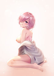 Rule 34 | :d, bare arms, barefoot, blush, breasts, eyes visible through hair, fate/grand order, fate (series), from side, full body, grey jacket, hair over one eye, highres, jacket, large breasts, long sleeves, looking at viewer, looking to the side, mash kyrielight, naked jacket, nipples, open clothes, open jacket, open mouth, pink hair, purple eyes, sebu illust, short hair, signature, simple background, sitting, smile, solo, topless, wariza, white background