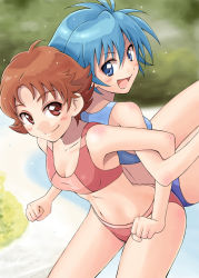Rule 34 | 00s, 10s, 2girls, back-to-back, bikini, blue eyes, blue hair, blush, brown hair, crossover, female focus, lifting person, locked arms, multiple girls, natsuki rin, nishijima waon, open mouth, outdoors, precure, satogo, short hair, smile, sports bikini, sports bra, stretching, suite precure, swimsuit, trait connection, water, yes! precure 5