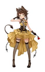 Rule 34 | 1girl, animal ears, arm up, black footwear, brown gloves, brown hair, chain, collarbone, dress, flower, gloves, green eyes, headgear, high heels, highres, holding, holding flower, original, senano-yu, short hair, simple background, solo, standing, tail, thighhighs, thorns, white background, yellow dress