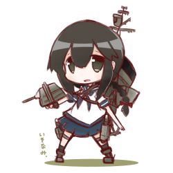 Rule 34 | 10s, 1girl, antennae, black hair, braid, cannon, character name, chibi, full body, gun, highres, holding, holding gun, holding weapon, isonami (kancolle), kantai collection, long hair, looking at viewer, machinery, neckerchief, nuu (nu-nyu), open mouth, school uniform, serafuku, shirt, short sleeves, simple background, solo, standing, tagging in progress, turret, weapon, white background, white shirt