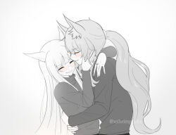 Rule 34 | 2girls, animal ear fluff, animal ears, arknights, bad id, bad pixiv id, blush, closed eyes, gradient background, grey background, greyscale, horse ears, long hair, long sleeves, monochrome, multiple girls, nearl (arknights), parted lips, platinum (arknights), ponytail, shirt, smile, supershrimpcakes, twitter username, upper body, very long hair, watermark, white background, yuri