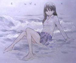 Rule 34 | 1girl, bare legs, barefoot, bird, blouse, closed mouth, expressionless, full body, highres, kimi wa sukinosaurus, long hair, looking at viewer, low twintails, miniskirt, muted color, ocean, original, outdoors, sekiguchi taro, shiraishi momiji, shirt, sitting, skirt, traditional media, twintails, waves, wet, wet clothes, wet shirt, white shirt