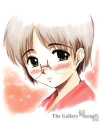 Rule 34 | 1girl, blush, brown eyes, brown hair, glasses, ooshiro youkou, original, short hair, simple background, solo