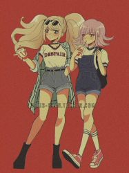 Rule 34 | 2girls, alternate costume, backpack, bag, belt, black bag, black belt, black choker, black footwear, blonde hair, blue eyes, blush, choker, collarbone, commentary, contrapposto, criis-chan, cup, danganronpa: trigger happy havoc, danganronpa (series), danganronpa 2: goodbye despair, disposable cup, drinking, drinking straw, enoshima junko, eyewear on head, flipped hair, food, full body, grey jacket, grin, hair ornament, hairclip, hand in pocket, high-waist shorts, holding, jacket, kneehighs, long hair, medium hair, multiple girls, nanami chiaki, overall shorts, overalls, pink hair, red background, shirt, shirt tucked in, shoes, short hair, short sleeves, shorts, sleeves past elbows, smile, sneakers, socks, sunglasses, symbol-only commentary, t-shirt, tumblr username, twintails, walking, white shirt