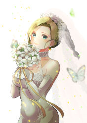 Rule 34 | 1girl, absurdres, bare shoulders, bianca (dq5), blonde hair, blue eyes, bouquet, braid, braided ponytail, breasts, bridal veil, bride, bug, butterfly, c-diamond, closed mouth, commentary request, confetti, dragon quest, dragon quest v, dress, earrings, elbow gloves, flower, gloves, hair behind ear, hair flower, hair ornament, highres, holding, holding bouquet, insect, jewelry, large breasts, light blush, long hair, single braid, sleeveless, sleeveless dress, smile, solo, upper body, veil, wedding dress, white dress, white flower, white gloves