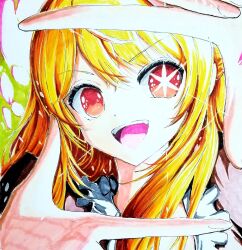 Rule 34 | 1girl, :d, blonde hair, collar, commentary, finger frame, frilled collar, frills, hair between eyes, highres, hoshino ruby, long hair, looking at viewer, marker (medium), no pupils, open mouth, oshi no ko, portrait, red eyes, sidelocks, smile, solo, star-shaped pupils, star (symbol), symbol-shaped pupils, teeth, traditional media, upper teeth only, urumashi-03301980