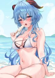 Rule 34 | 1girl, absurdres, ahoge, alternate costume, arm support, armpit crease, bad id, bad twitter id, bare arms, beach, bikini, blue hair, blue sky, blush, breasts, cleavage, cross-laced clothes, day, food, ganyu (genshin impact), genshin impact, goat horns, hair between eyes, hand up, highres, hizuki higure, holding, horns, large breasts, long hair, looking to the side, messy hair, navel, ocean, open mouth, outdoors, popsicle, purple eyes, sitting, sky, solo, stomach, strap gap, swimsuit, thigh strap, wet, white bikini