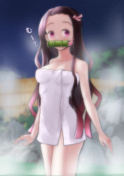 1girl absurdres black_hair blurry blurry_background breasts cleavage collarbone cowboy_shot fingernails gradient_hair hair_ribbon highres kamado_nezuko kimetsu_no_yaiba kwrrrrrr long_hair medium_breasts multicolored_hair naked_towel night onsen outdoors pink_eyes pink_hair pink_ribbon ribbon sharp_fingernails solo standing steam towel very_long_hair