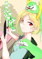 Rule 34 | 1girl, absurdres, animal, animal on head, animal on shoulder, apron, blonde hair, breasts, dragon horns, eating, food, highres, horns, kaisenpurin, kicchou yachie, knife, looking at viewer, on head, otter spirit (touhou), queue, red eyes, sausage, scales, short hair, short sleeves, small breasts, smile, touhou, turtle shell, whiskers