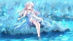 Rule 34 | 1girl, bare arms, bare legs, bare shoulders, barefoot, blue theme, dress, closed eyes, forest, highres, long hair, nature, original, pond, risutaru, silver hair, sitting, soaking feet, solo, white dress