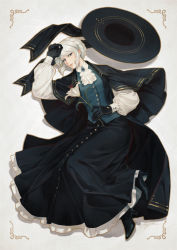 Rule 34 | 1girl, boots, braid, buttons, cape, collared shirt, flower, gloves, hand on own head, hat, unworn hat, unworn headwear, holding, holding flower, ascot, long skirt, long sleeves, looking to the side, lying, original, puffy long sleeves, puffy sleeves, shirt, skirt, suda ayaka, updo, vest, white hair