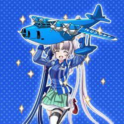 Rule 34 | 10s, 1girl, :d, ^ ^, aircraft, airplane, akitsushima (kancolle), alternate costume, bow, closed eyes, employee uniform, flying boat, hair bow, hair ribbon, kantai collection, lawson, long hair, looking at viewer, miniskirt, nishikitaitei-chan, open mouth, pleated skirt, ribbon, shirt, side ponytail, silver hair, skirt, smile, sparkle, striped clothes, striped shirt, thighhighs, tk8d32, uniform, vertical-striped clothes, vertical-striped shirt, very long hair, zettai ryouiki