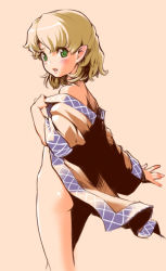 Rule 34 | 1girl, arm up, ass, bad id, bad pixiv id, bare shoulders, blonde hair, blush, bottomless, female focus, from behind, green eyes, looking back, mizuhashi parsee, naked shirt, off shoulder, open clothes, open mouth, open shirt, pointy ears, sano toshihide, shirt, short hair, solo, touhou
