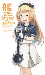 Rule 34 | 1girl, blonde hair, blue eyes, blue sailor collar, chain, cup, dress, feet out of frame, gloves, hat, holding, holding cup, ido (teketeke), jervis (kancolle), kantai collection, long hair, looking at viewer, one eye closed, open mouth, sailor collar, sailor dress, short sleeves, simple background, solo, teacup, trembling, white background, white dress, white gloves, white hat