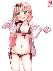 Rule 34 | 1girl, alternate costume, artist logo, bikini, black bikini, black ribbon, blonde hair, breasts, cameltoe, commentary request, dated, front-tie top, gluteal fold, green eyes, groin, hair over shoulder, hair ribbon, highres, jacket, kanon (kurogane knights), kantai collection, long hair, looking at viewer, lowleg, lowleg bikini, open clothes, open jacket, ribbon, side-tie bikini bottom, simple background, sleeves past fingers, sleeves past wrists, small breasts, solo, standing, straight hair, swimsuit, white background, white jacket, yuudachi (kancolle)