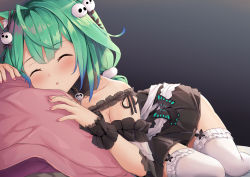 Rule 34 | 1girl, absurdres, ahoge, animal ear fluff, animal ears, bad id, bad pixiv id, black dress, blue hair, blush, bow, cat tail, closed eyes, collar, collarbone, commentary request, cushion, detached collar, dress, ear ribbon, facing viewer, fingernails, frilled collar, frilled dress, frilled straps, frilled thighhighs, frills, garter straps, gradient hair, green hair, green tail, hair bow, hair ornament, hair ribbon, highres, hololive, kemonomimi mode, kusana (dudqja602), low twintails, lying, medium hair, multicolored hair, nail polish, off-shoulder dress, off shoulder, on side, on stomach, parted lips, pink nails, red eyes, ribbon, see-through, see-through sleeves, short dress, short sleeves, short twintails, skull hair ornament, sleeping, solo, tail, teeth, thighhighs, twintails, twisted torso, upper teeth only, uruha rushia, uruha rushia (3rd costume), virtual youtuber, white garter straps, white thighhighs, wrist cuffs