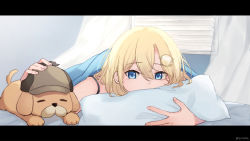 Rule 34 | 1girl, bed sheet, blonde hair, blue eyes, bubba (watson amelia), curtains, deerstalker, dog, hair ornament, hat, highres, hololive, hololive english, letterboxed, orinte, petting, pillow, under covers, virtual youtuber, watson amelia, window