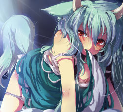Rule 34 | 1girl, all fours, animal ears, bad id, bad pixiv id, ex-keine, female focus, green hair, highres, horns, kamishirasawa keine, long hair, mouth hold, naughty face, nejime, panties, panty pull, red eyes, solo, strap slip, tail, touhou, underwear