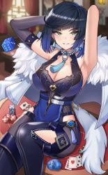 Rule 34 | 1girl, absurdres, ace (playing card), ace of hearts, ace of spades, armpits, arms behind head, arms up, black hair, blue hair, blunt bangs, blush, bob cut, breasts, card, cleavage, commentary, dice, earrings, elbow gloves, genshin impact, gloves, gradient hair, green eyes, grey gloves, grin, heart, highres, indoors, jewelry, large breasts, looking at viewer, mole, mole on breast, multicolored hair, nanni jjang, parted lips, playing card, poker chip, revision, short hair, single glove, sitting, sleeveless, smile, solo, spade (shape), thighs, vision (genshin impact), yelan (genshin impact)