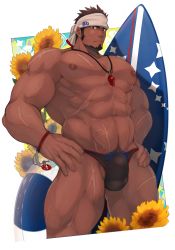 Rule 34 | 1boy, abs, absurdres, bara, black male swimwear, bulge, check copyright, copyright request, covered penis, cropped torso, crow (siranui), dark-skinned male, dark skin, facial hair, floral background, flower, goatee, hands on own hips, headband, highres, large pectorals, lifeguard, long sideburns, looking at viewer, male focus, male pubic hair, male swimwear, mature male, muscular, muscular male, navel, navel hair, nipples, original, pectorals, pubic hair, pubic hair peek, scar, scar on arm, scar on chest, scar on leg, short hair, sideburns, solo, stomach, sunflower, surfboard, swim briefs, thick thighs, thighs, topless male, whistle, whistle around neck