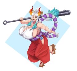 Rule 34 | 1girl, absurdres, armpit hair, bare shoulders, breasts, cleavage, club, club (weapon), curled horns, earrings, full body, gigantic breasts, hair ornament, hair stick, hakama, hakama pants, highres, horns, ignotoz, japanese clothes, jewelry, kanabou, kimono, long hair, multicolored background, multicolored hair, multicolored horns, muscular, muscular female, one piece, oni, open mouth, orange horns, pants, red horns, rope, shimenawa, sidelocks, simple background, sleeveless, sleeveless kimono, smile, solo, spiked club, sunnysundown, veins, veiny breasts, weapon, yamato (one piece), yellow horns