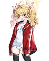 Rule 34 | 1girl, ahoge, black thighhighs, blonde hair, blue archive, blush, commentary request, fang, halo, jacket, long sleeves, looking at viewer, ninahachi, old school swimsuit, one-piece swimsuit, open clothes, open jacket, open mouth, red jacket, school swimsuit, simple background, solo, swimsuit, thighhighs, thighs, track jacket, twintails, twitter username, white background, yellow eyes, yellow halo, yoshimi (blue archive)