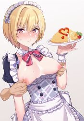 Rule 34 | 1girl, apron, black dress, blonde hair, blush, bow, bowtie, breasts, breasts apart, breasts out, cherry tomato, closed mouth, commentary, cowboy shot, cum, cum on food, cum on hair, detached collar, disembodied hand, dress, facial, food, frills, frown, glaring, grey background, hair between eyes, highres, holding, holding plate, idolmaster, idolmaster shiny colors, ketchup, looking at viewer, maid, maid apron, maid headdress, medium breasts, misakichintin, nipple pull, nipple stimulation, nipple tweak, nipples, omelet, omurice, plate, purple eyes, red neckwear, saijo juri, short hair, short sleeves, simple background, solo focus, standing, sweat, tomato, white background, wrist cuffs