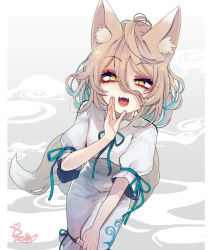 Rule 34 | 1girl, :d, animal ear fluff, animal ears, commentary request, dutch angle, eyes visible through hair, fangs, feet out of frame, fox ears, fox tail, fua yuu, grey background, hair between eyes, hand up, jumpsuit, kudamaki tsukasa, leaning forward, light brown hair, open mouth, romper, short hair, simple background, slit pupils, smile, solo, tail, touhou, white jumpsuit, yellow eyes