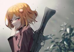 Rule 34 | 1girl, assault rifle, buttons, charlotte (witch&#039;s heart), from side, grey background, gun, hair ornament, hand to own mouth, highres, jacket, lips, long sleeves, looking at viewer, looking to the side, medium hair, mometsu 033, orange hair, plant, rabbit hair ornament, red eyes, red jacket, rifle, smile, smirk, solo, swept bangs, upper body, weapon, weapon on back, witch&#039;s heart