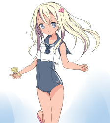 Rule 34 | 10s, 1girl, blonde hair, blue eyes, core (mayomayo), crop top, flower, hair flower, hair ornament, kantai collection, lifebuoy, long hair, one-piece swimsuit, ro-500 (kancolle), sailor collar, school swimsuit, solo, swim ring, swimsuit, swimsuit under clothes, tan, tanline, torpedo